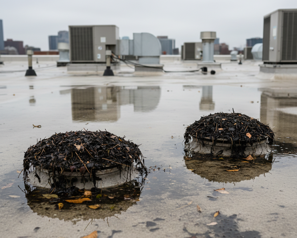 Clogged roof drains commercial buildings